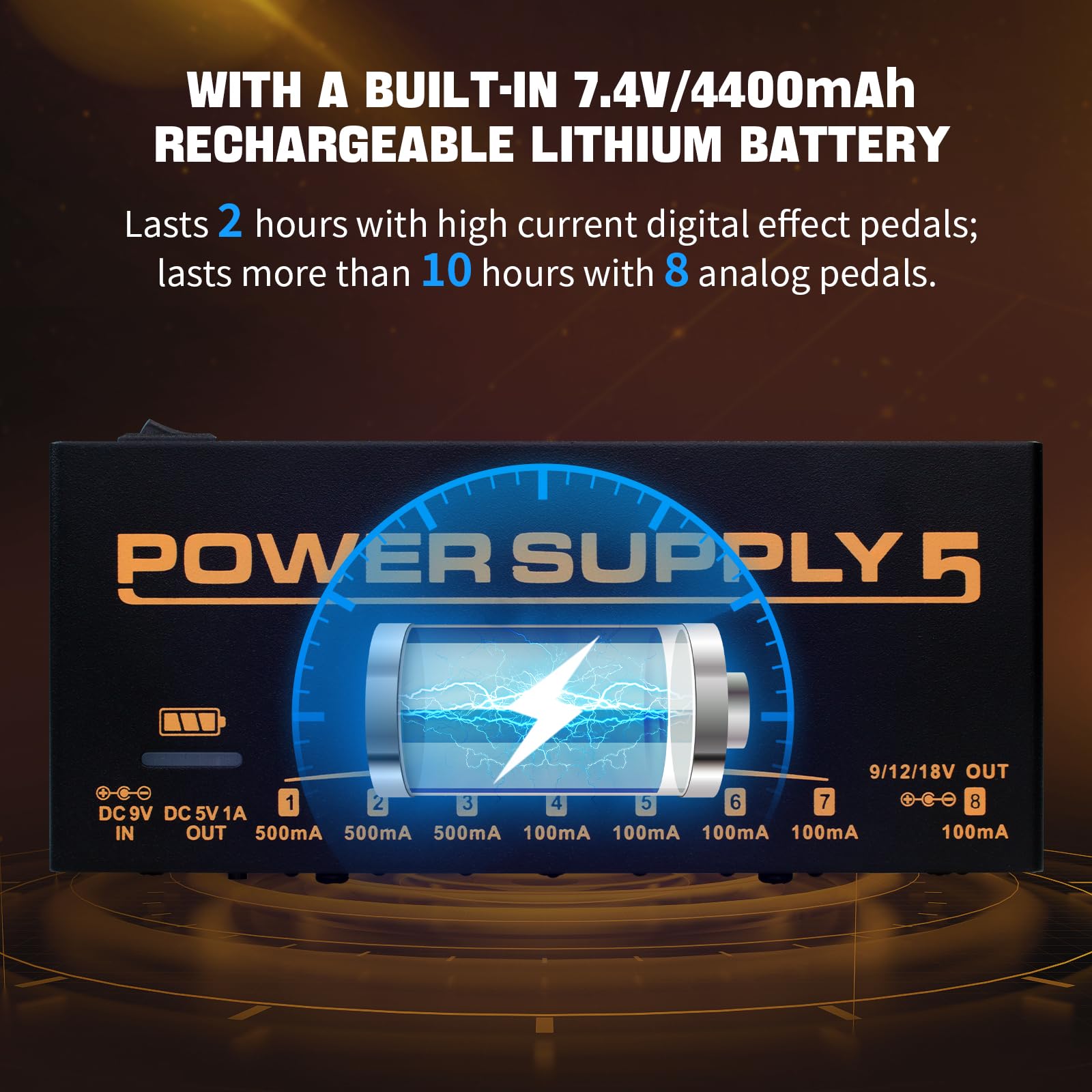 JOYO Built-in 4400mAh Rechargeable Battery Guitar Effect Pedal Power Supply 8 Outputs 9V 12V 18V (100mA, 500mA) Jacks & 5V/1A US